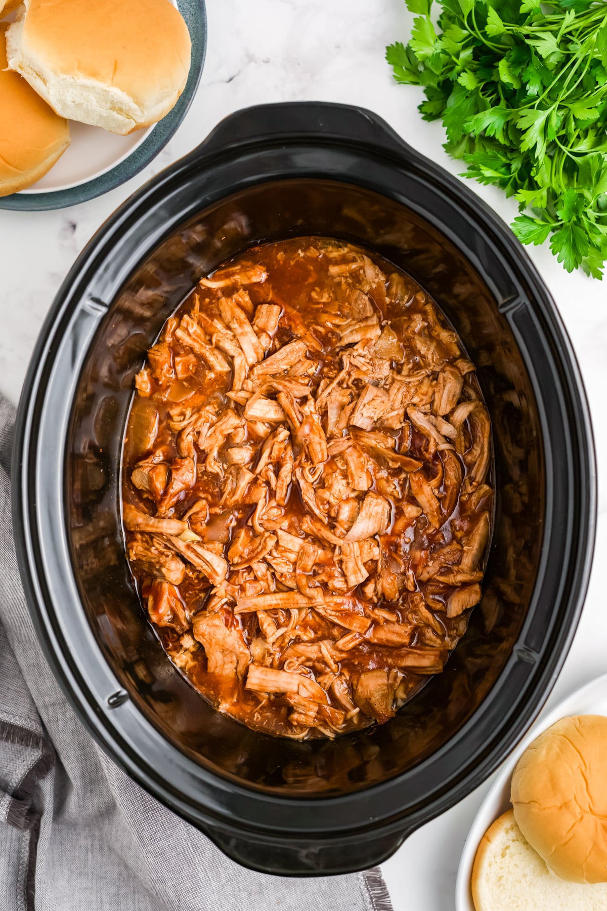 BBQ sauce mixed into the pork for serving.