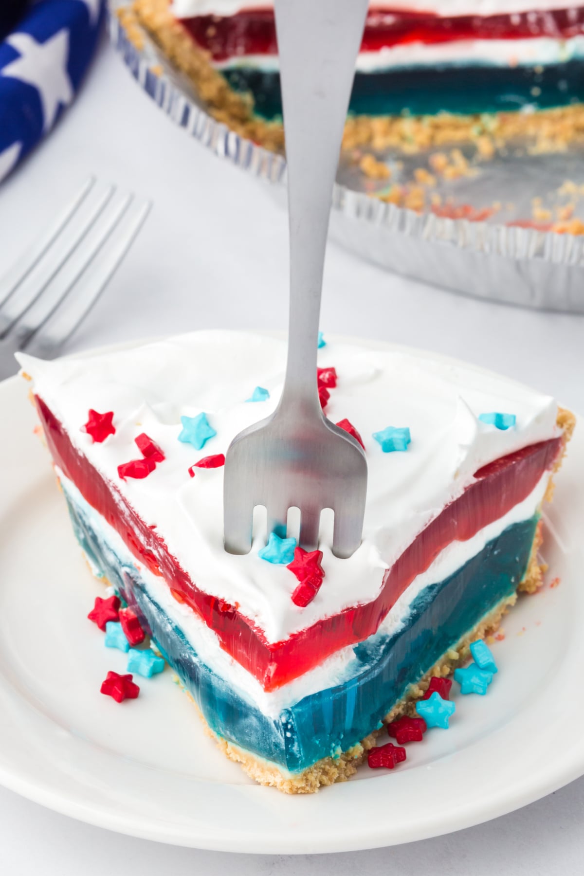 4th of July jello pie with a fork in it.
