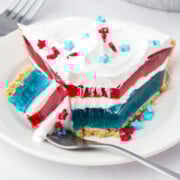 4th of July jello pie on a plate.
