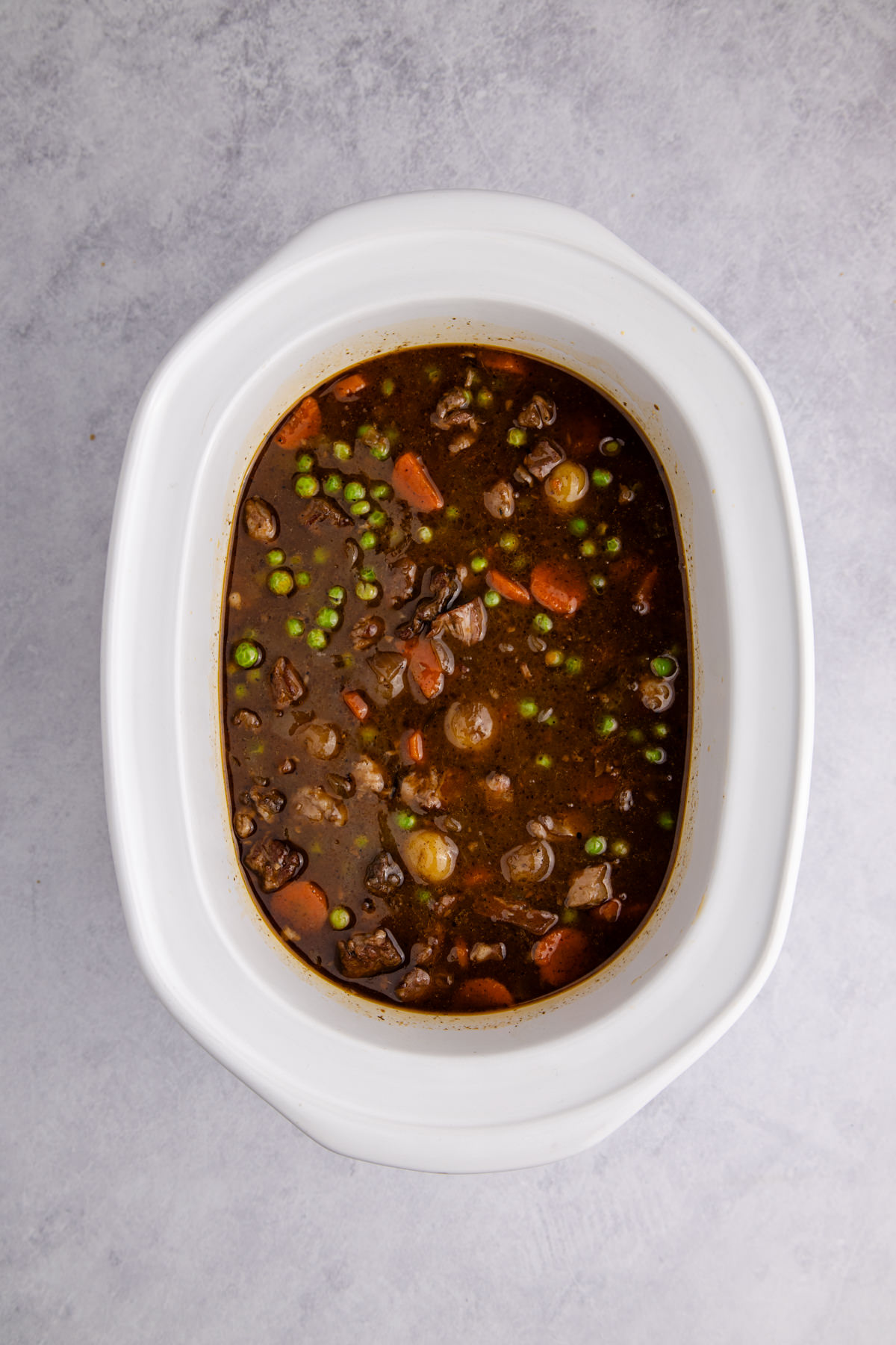 Stew cooked in the crockpot.