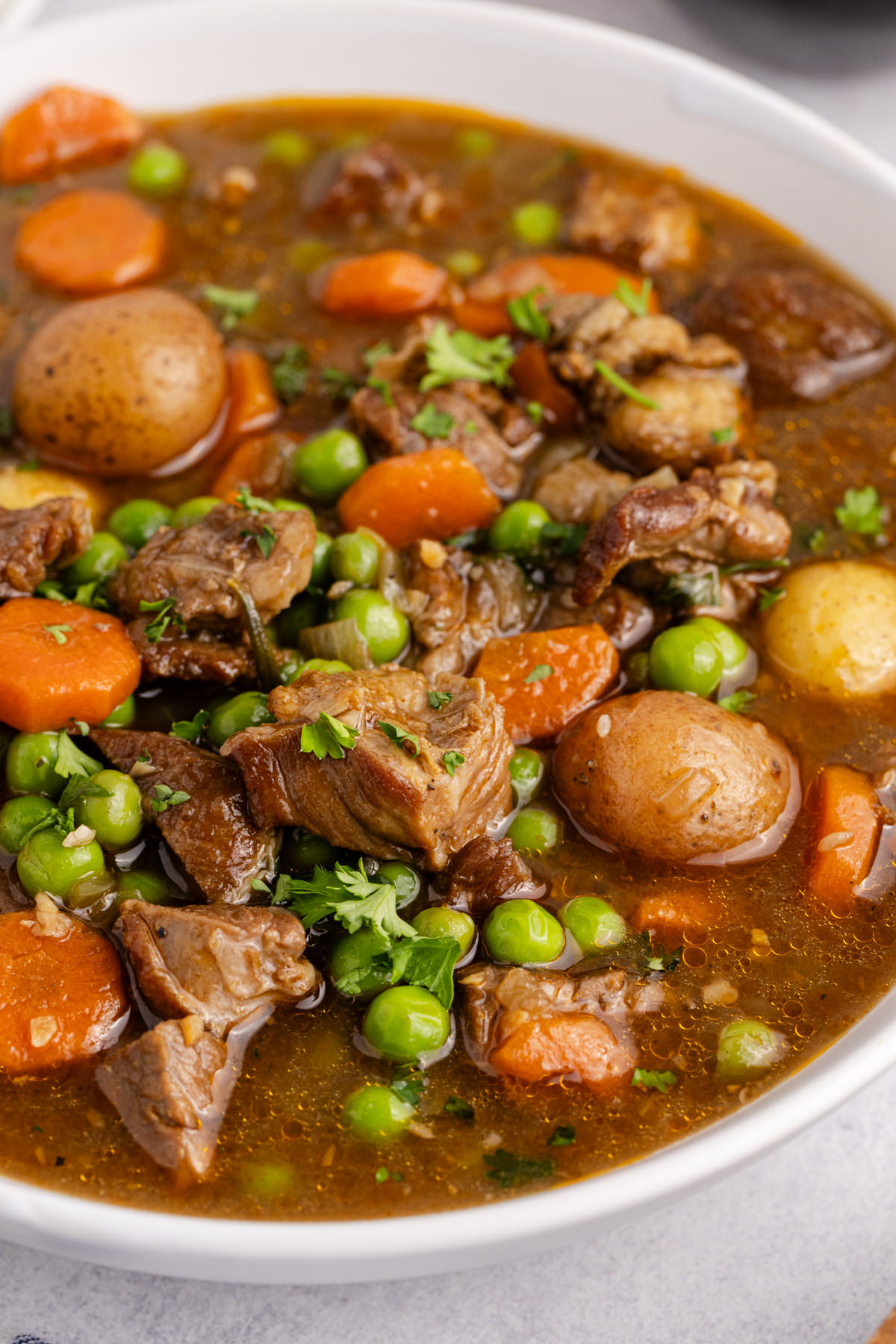 A bowl filled with lamb stew.
