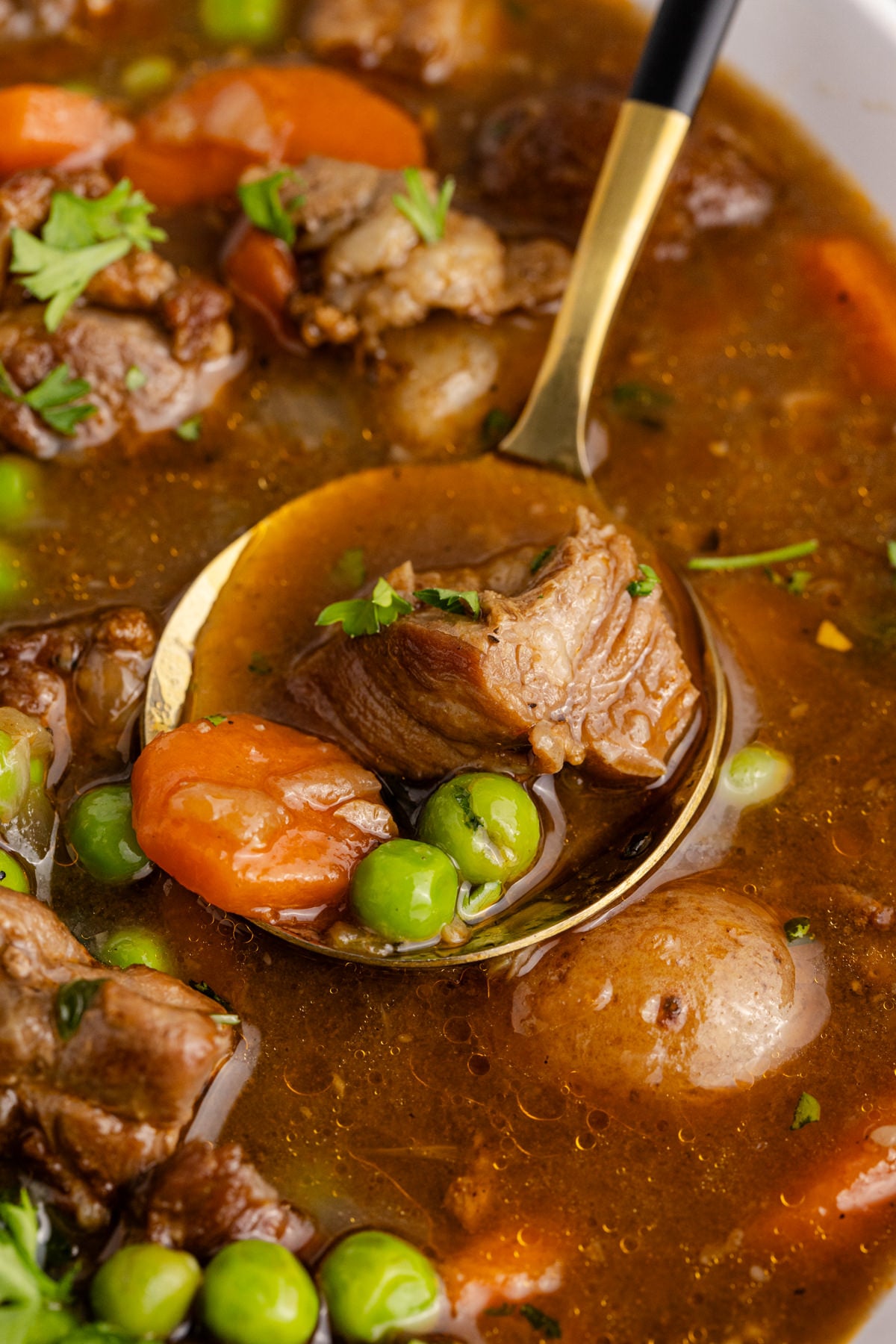 A ladle scooping up some lamb stew in the crock pot.