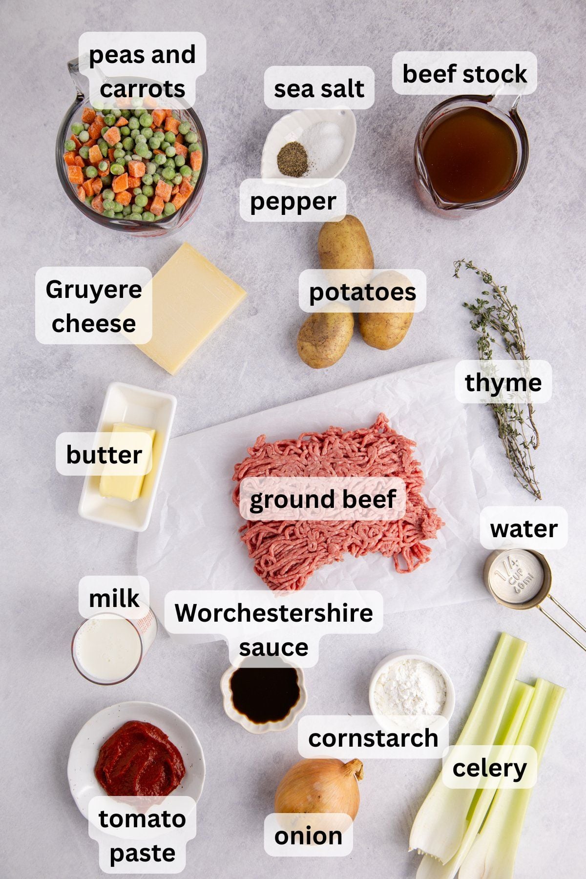 Ingredients to make this cottage pie on a table. 