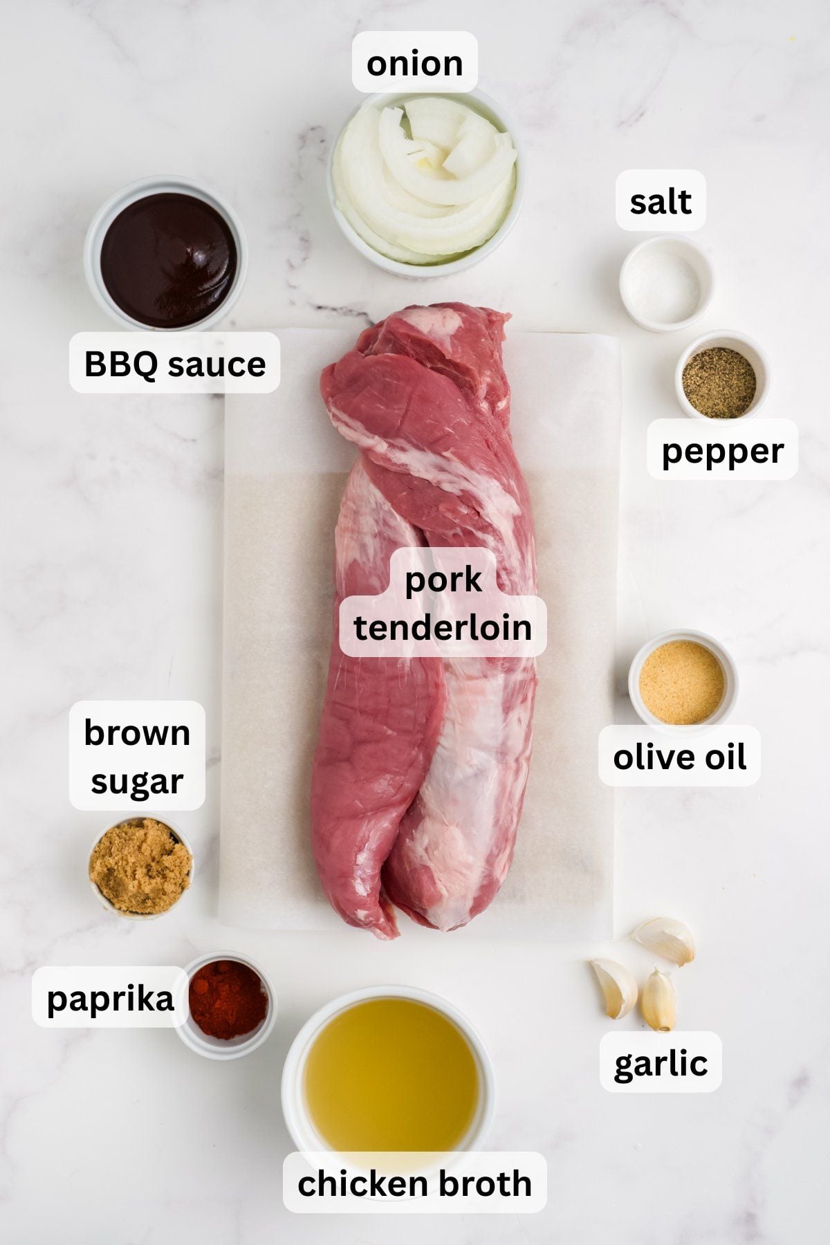 Ingredients to make this slow cooker pork tenderloin on a table.