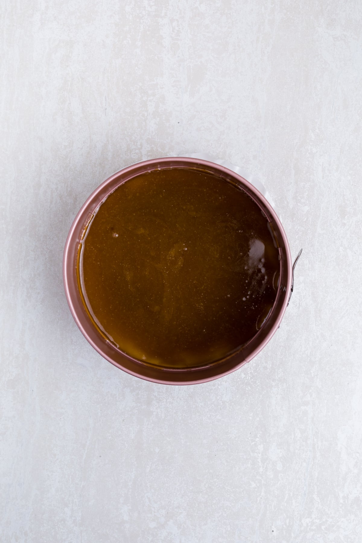 Brown sugar and butter mixture at bottom of pan.