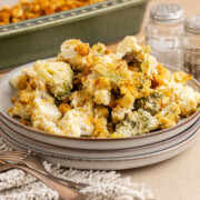 A plate filled with broccoli cauliflower casserole.