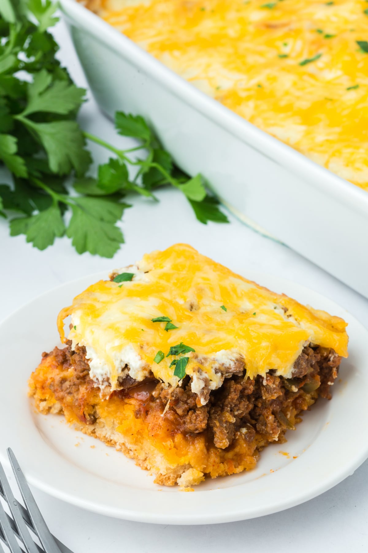 A slice of prepared casserole on a plate.