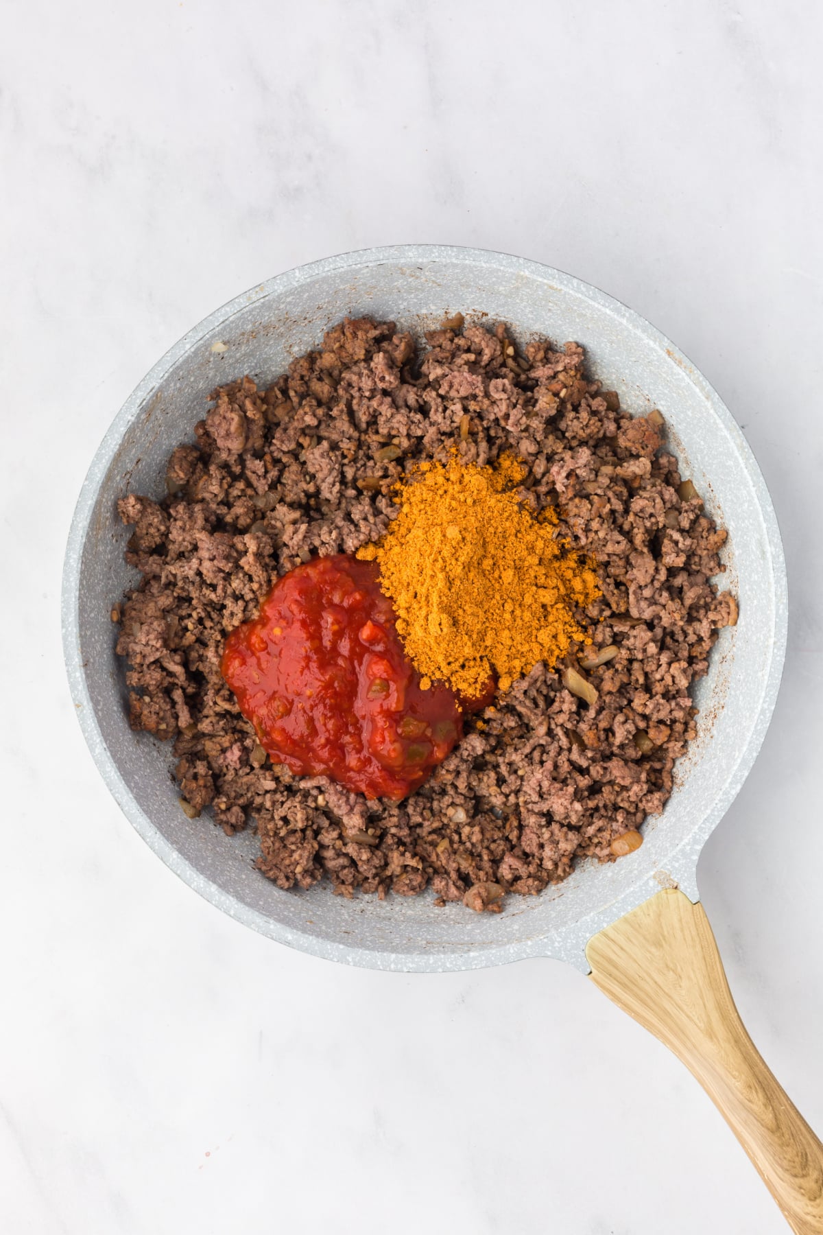 The ground beef, taco seasoning, and salsa.