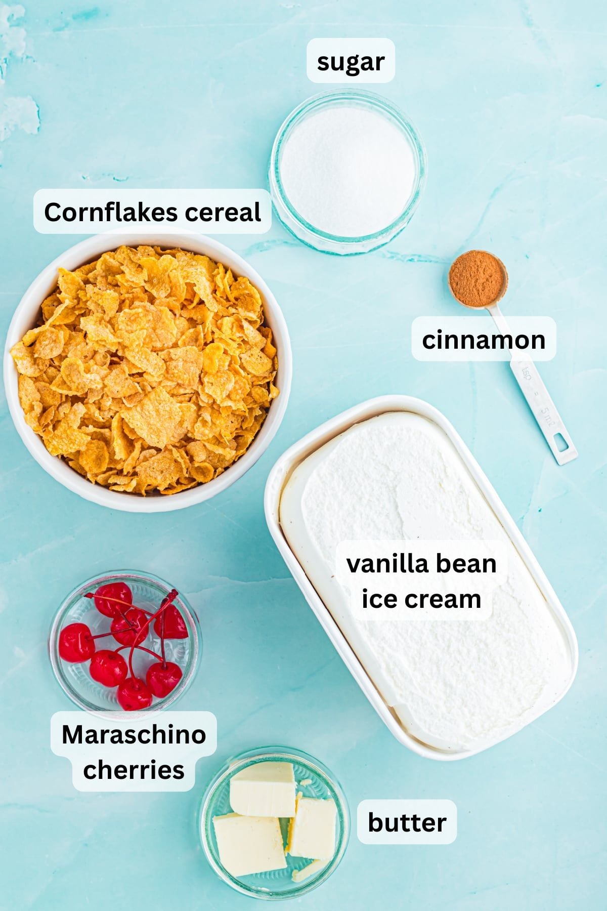 Ingredients to make Mexican fried ice cream on a table.