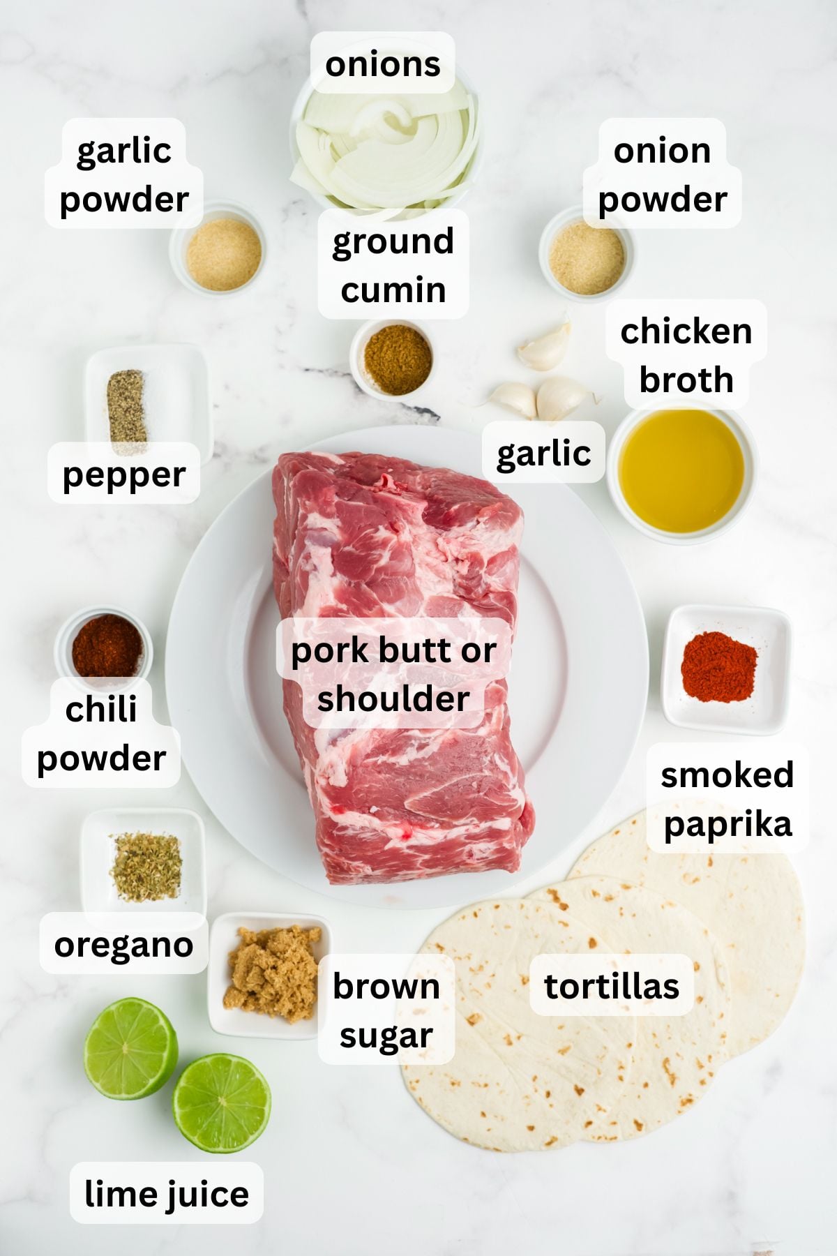 Ingredients for Mexican Pulled Pork Tacos on a table