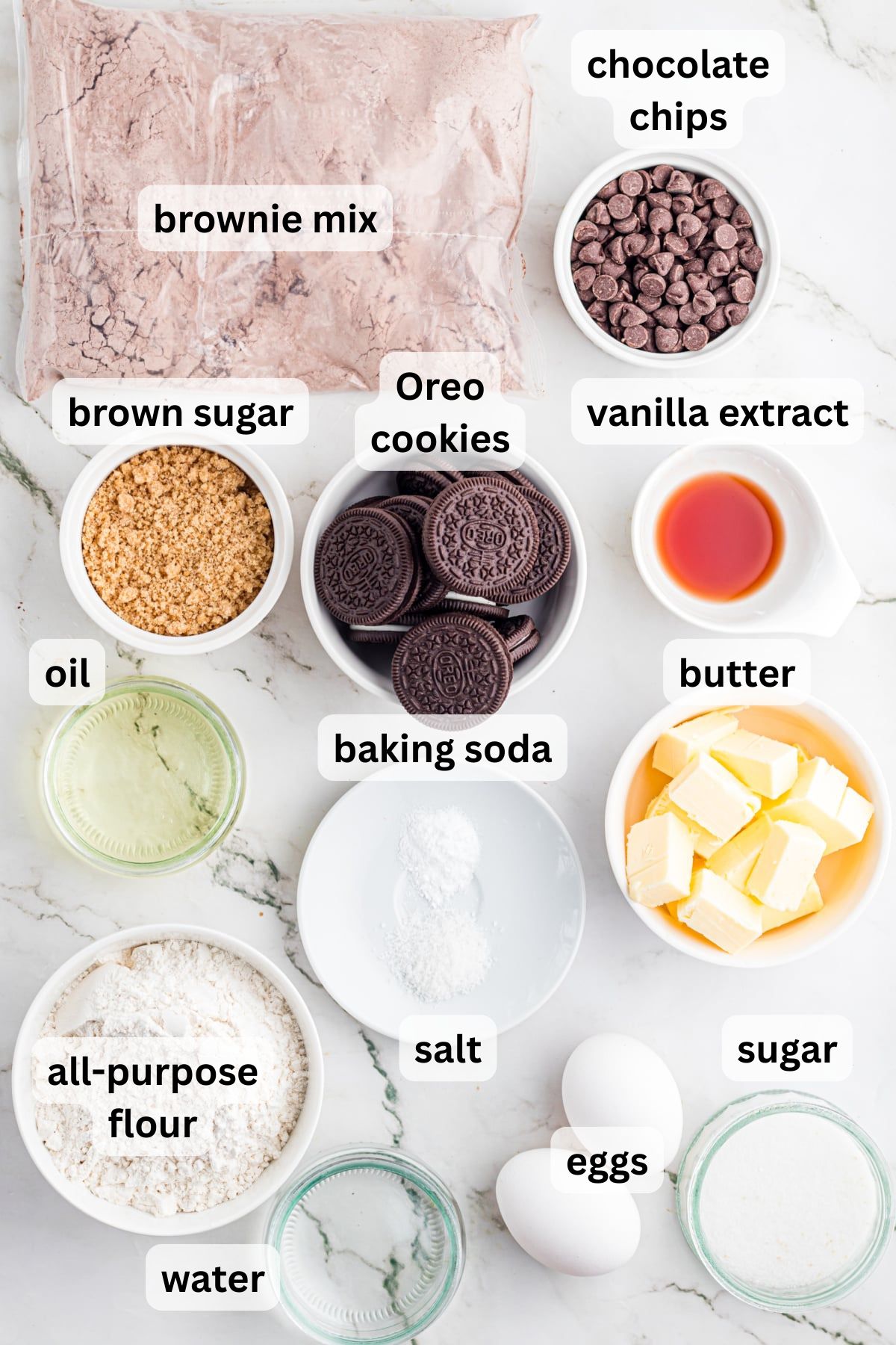 Ingredients to make Oreo Brookies in bowls on a table