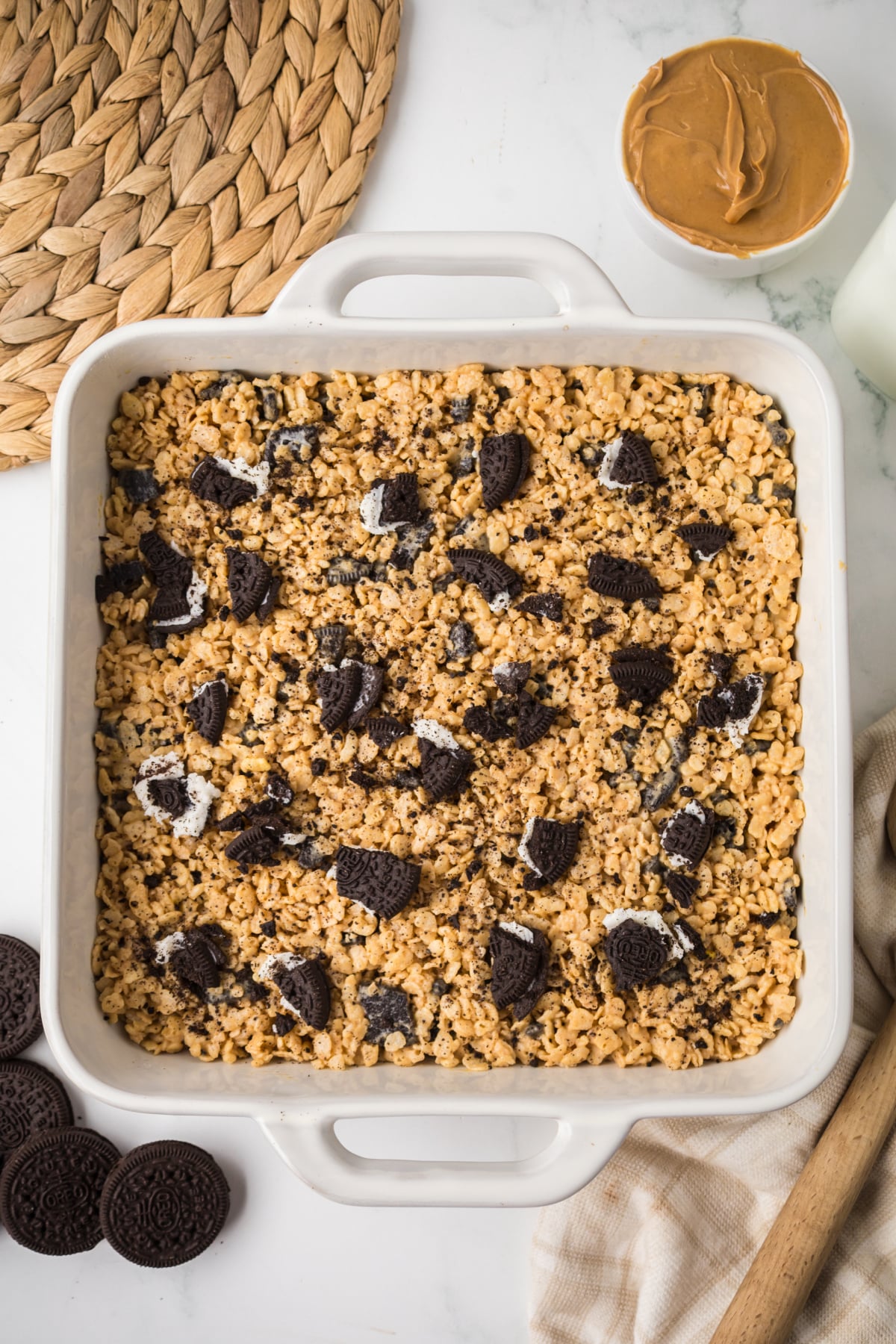 Rice Krispie treats pressed into a square pan.