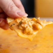 Sausage queso on a chip.