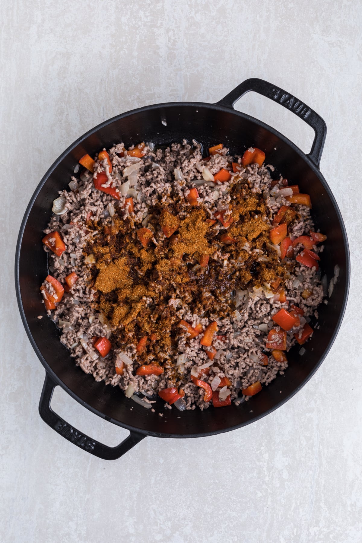 Taco seasoning added to the ground beef mixture.