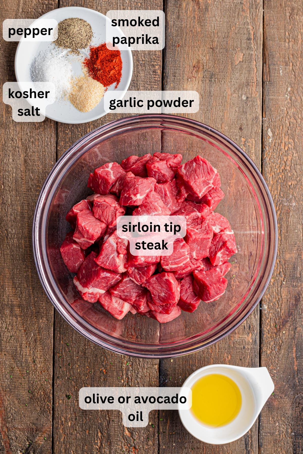 Ingredients for Air Fryer Steak Tips in bowls on a table