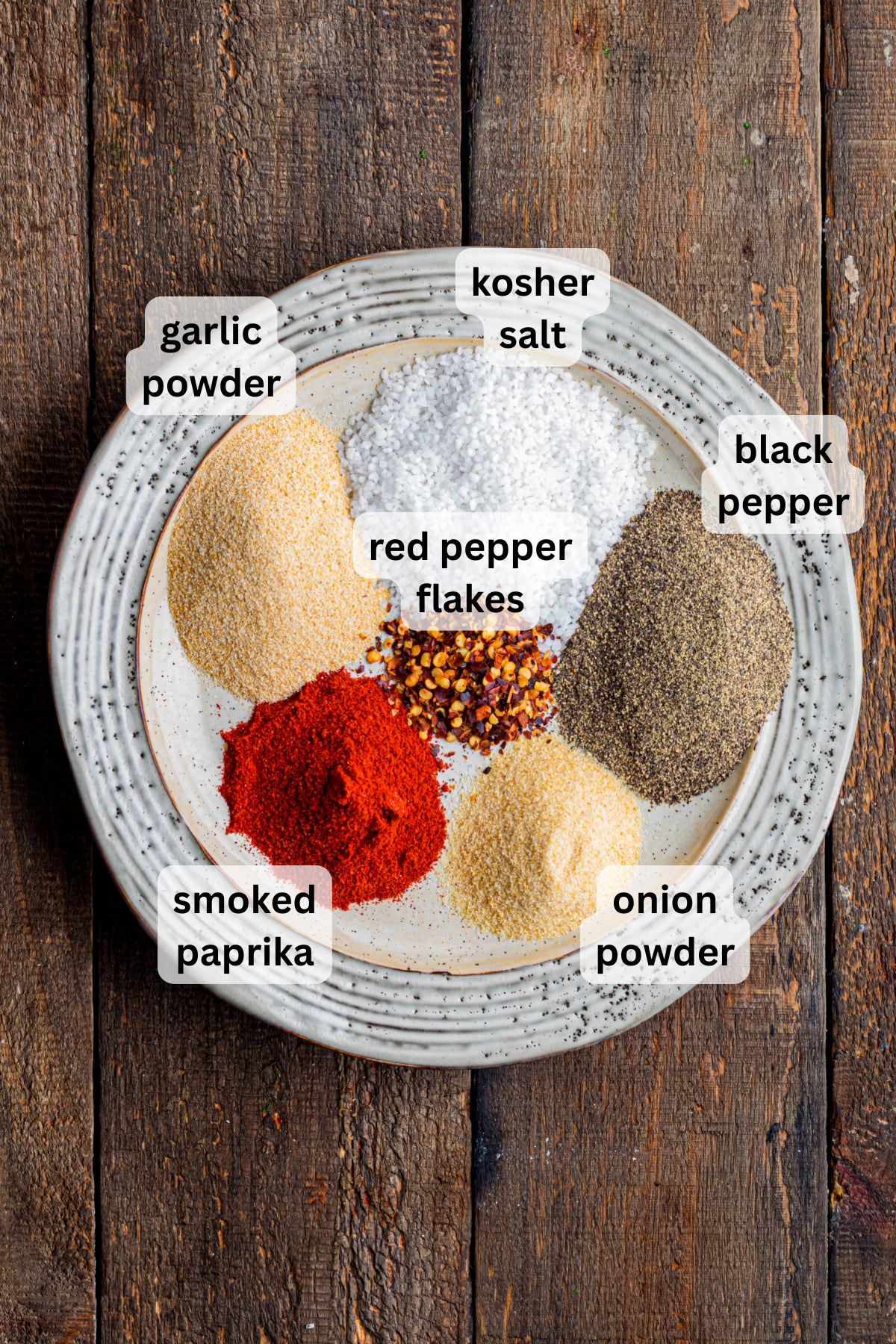 Ingredients for Best Homemade Steak Seasoning Recipe on a plate on a table.