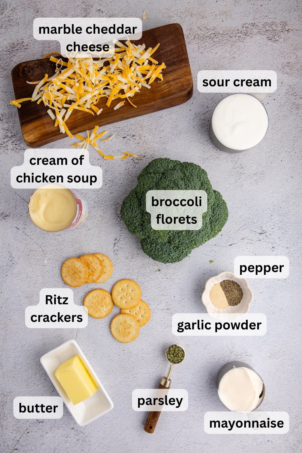 Ingredients for broccoli casserole with Ritz Crackers on a table