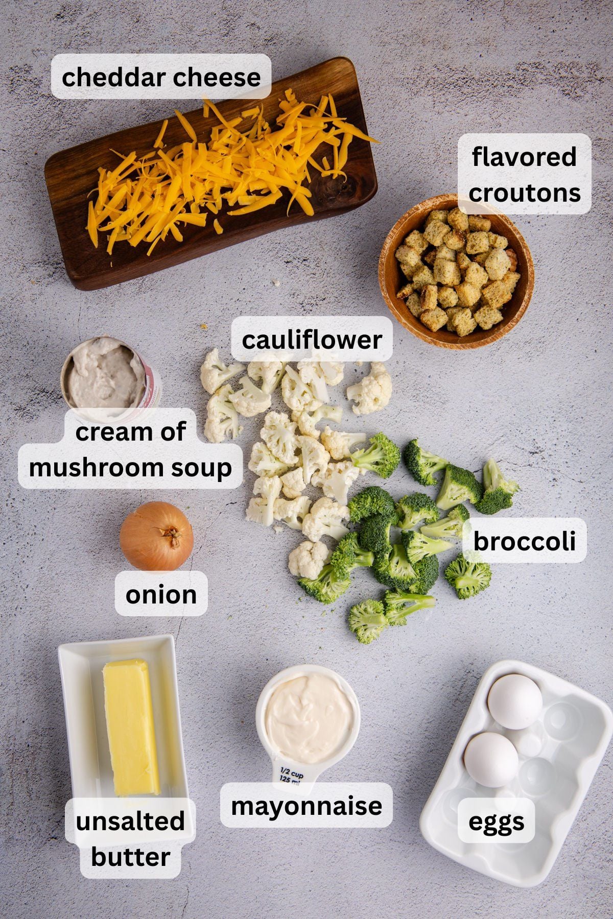Ingredients for broccoli cauliflower casserole on a table