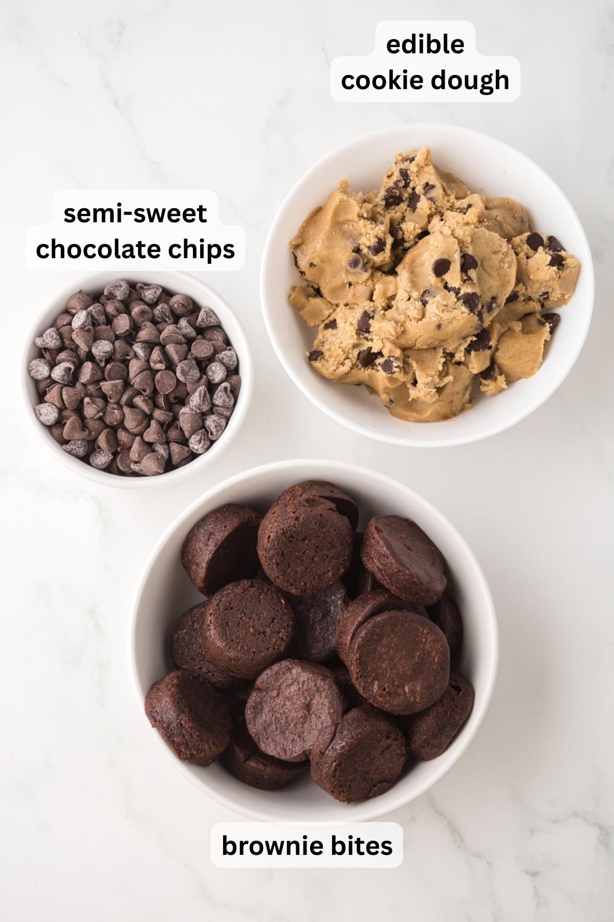 Ingredients needed to make Chocolate Chip Brownie Bites in bowls on a table