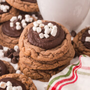 Hot chocolate cookies stacked on a table.