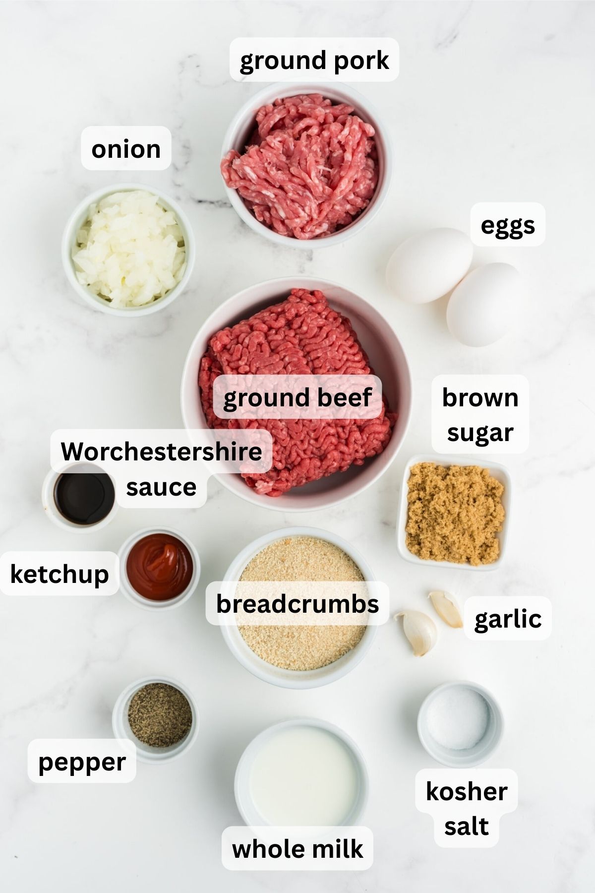 Ingredients to make these meatloaf meatballs on a table.