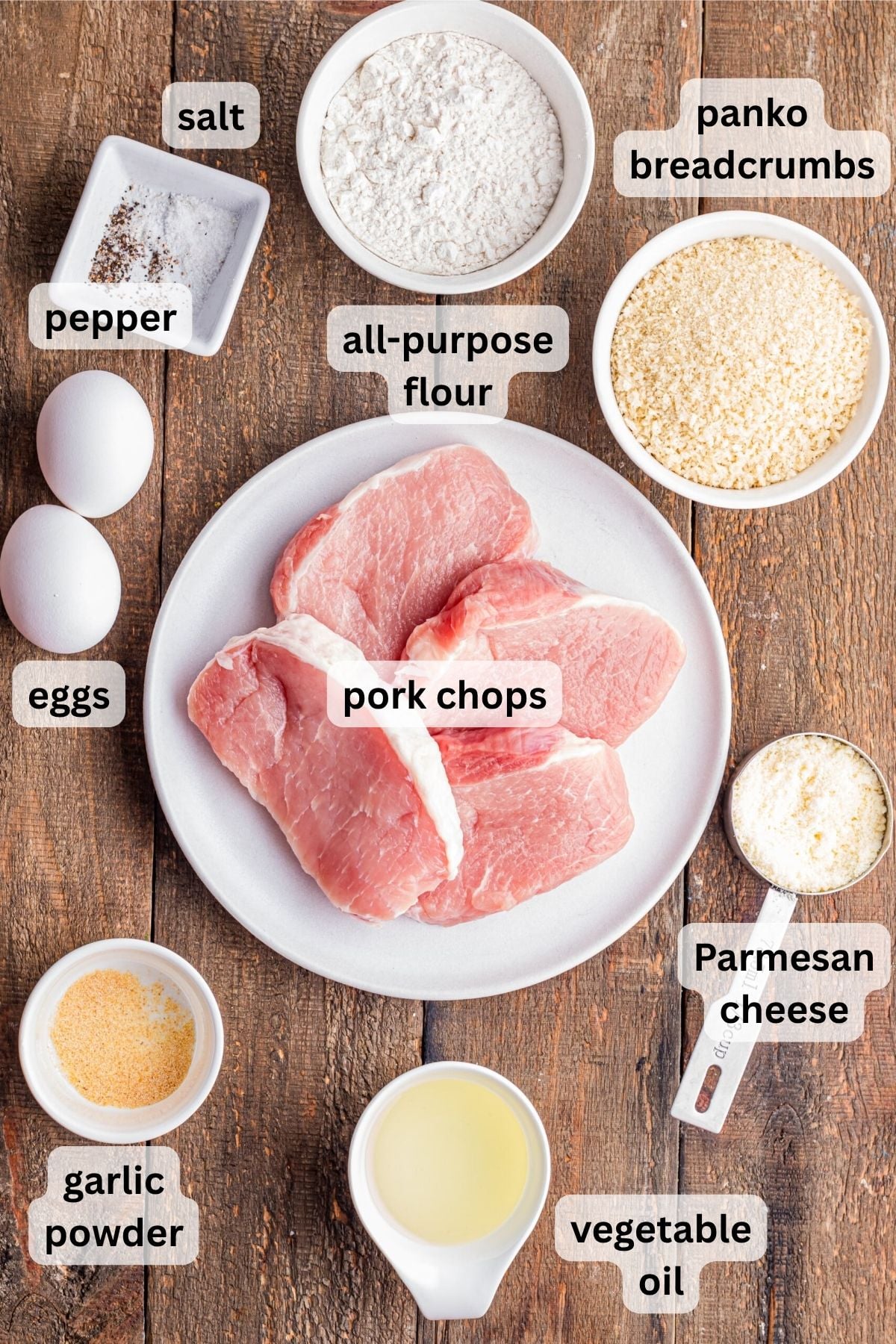 Ingredients to make Pork Milanese Recipe in measuring items on a table