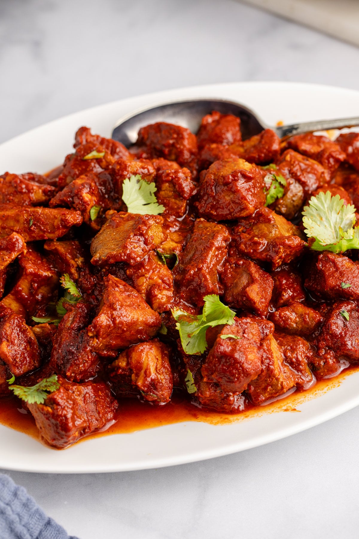 A plate filled with red chile stewed pork pieces in a sauce.