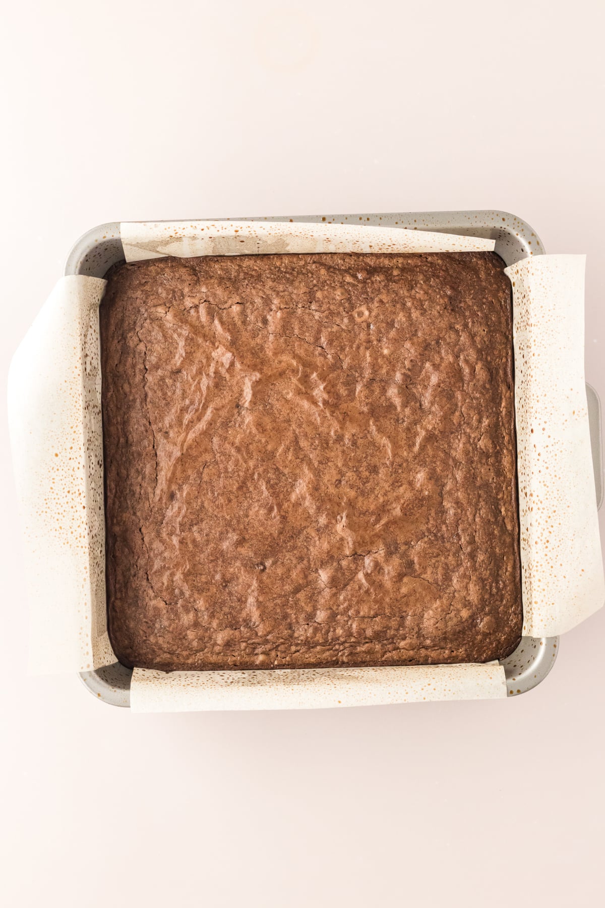 Freshly baked brownies in pan.