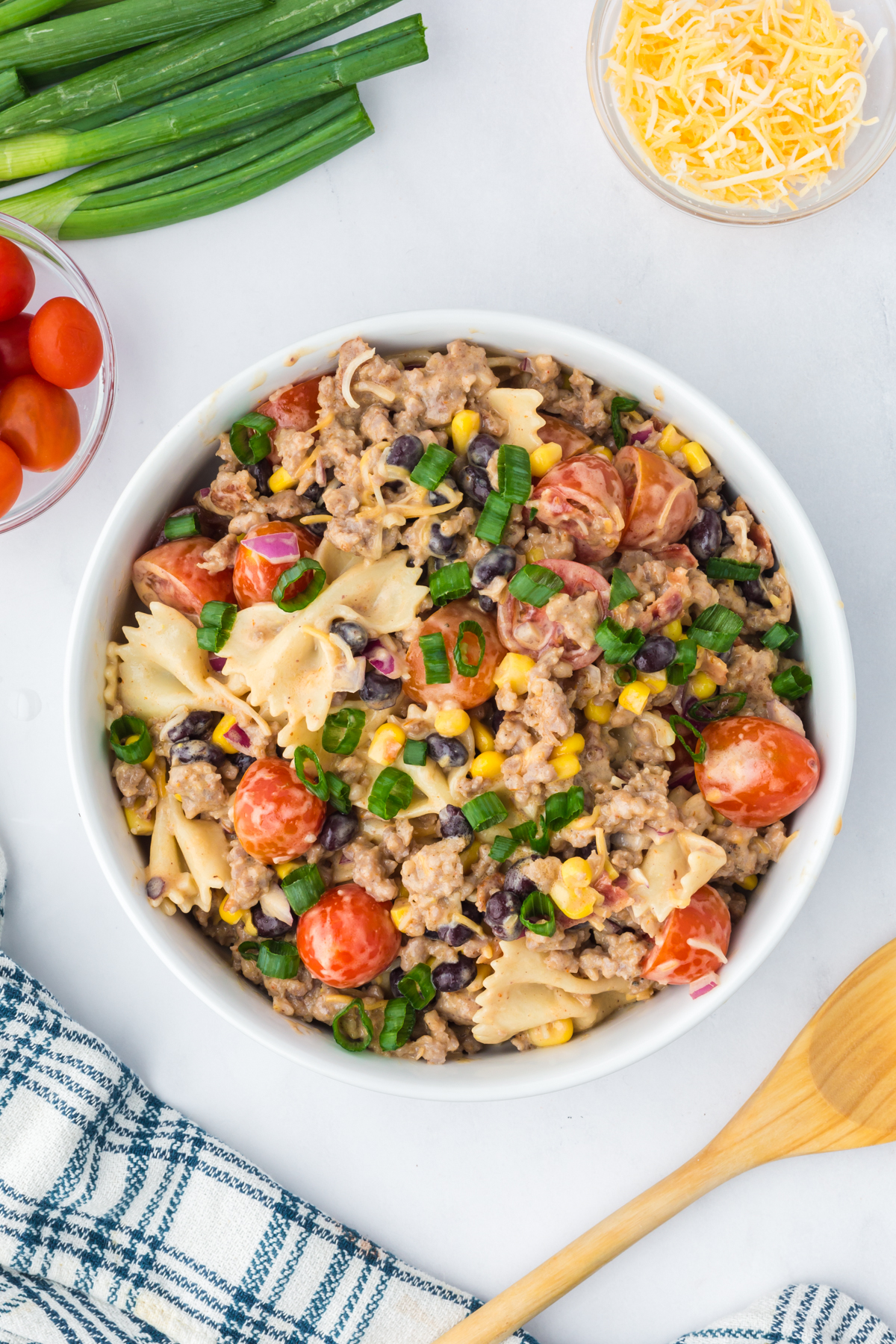 finished cowboy pasta salad tossed and ready to serve