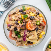 cowboy pasta salad in bowl on table
