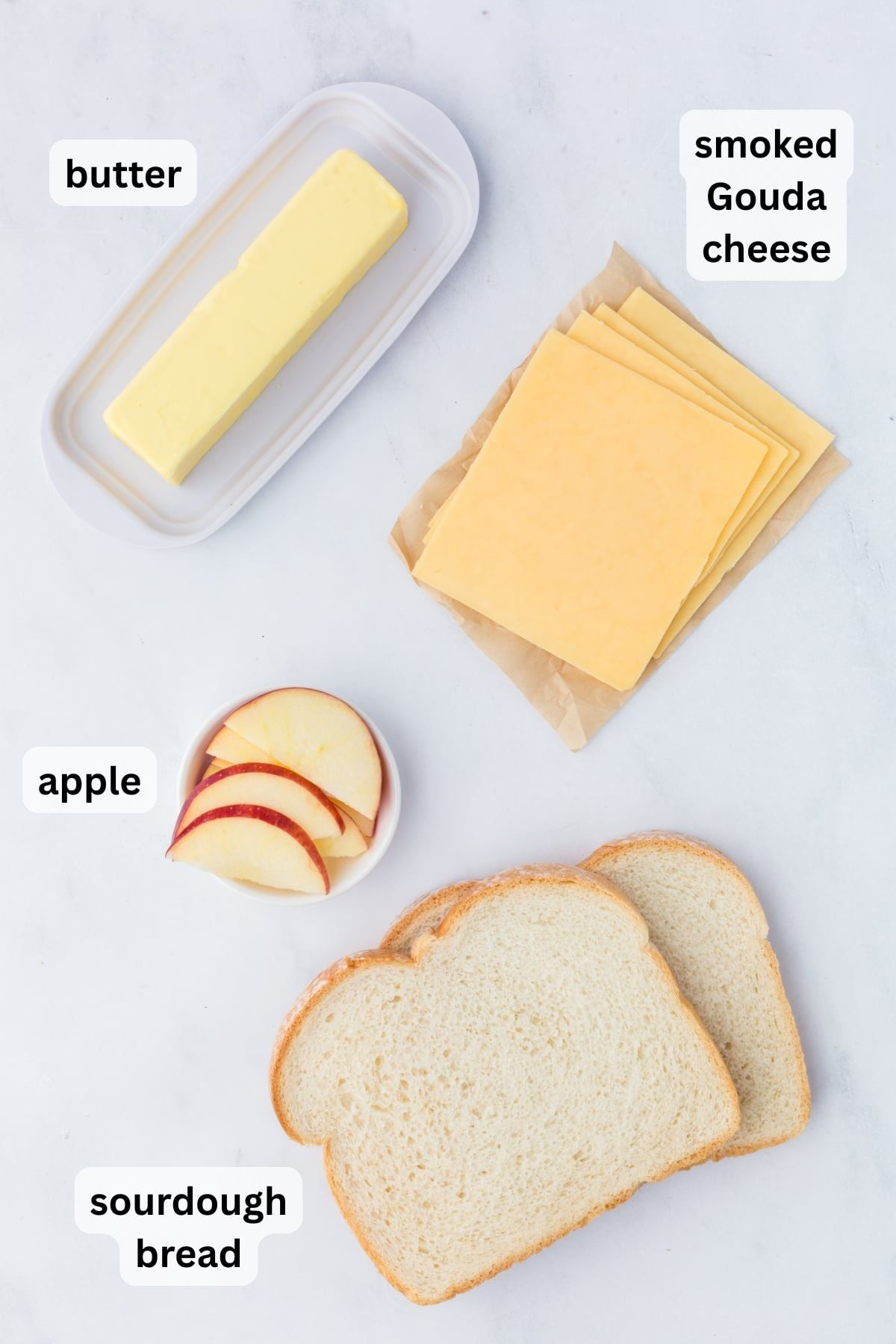 All the ingredients needed to make Gouda Grilled Cheese on a table