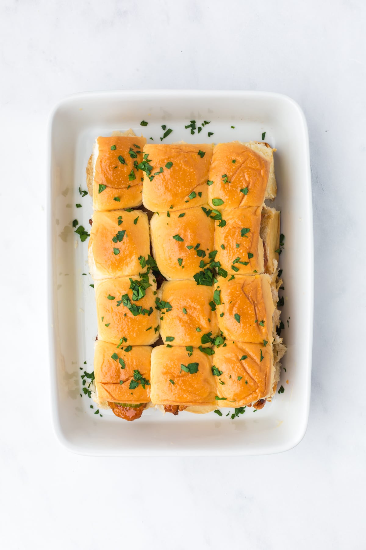 baked hot honey chicken sliders removed from oven