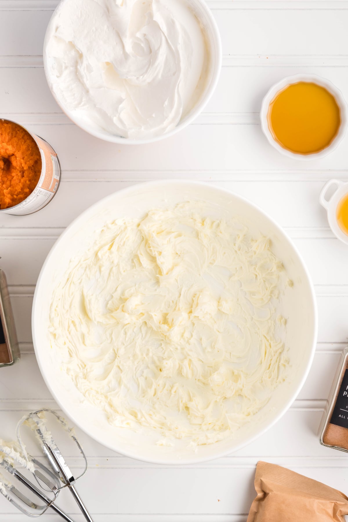 Cream cheese beaten with an electric mixer.