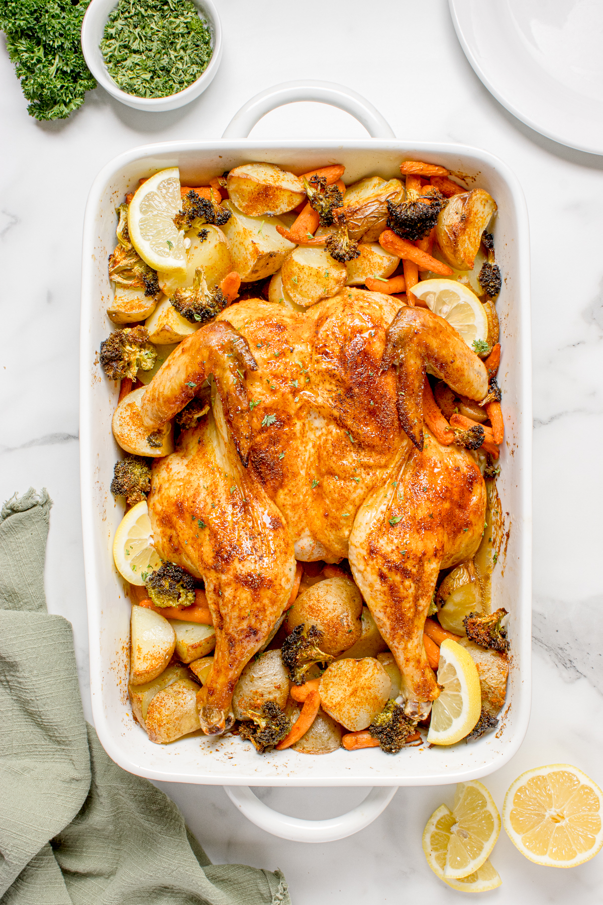 The chicken roasted in the pan.