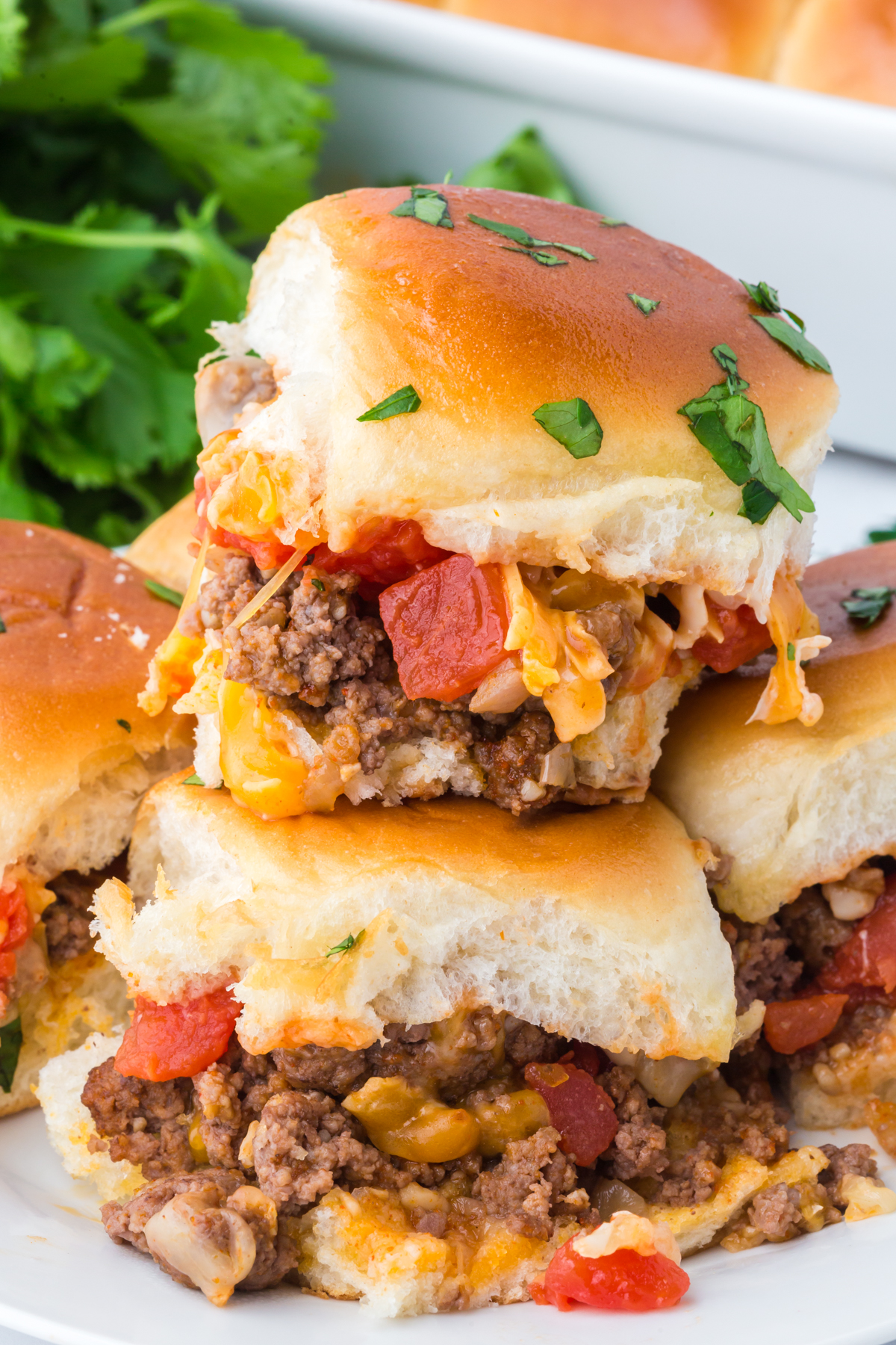 A pile of sliders on a plate.