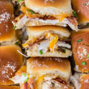 Chicken bacon ranch sliders stacked.
