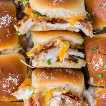 Chicken bacon ranch sliders stacked.