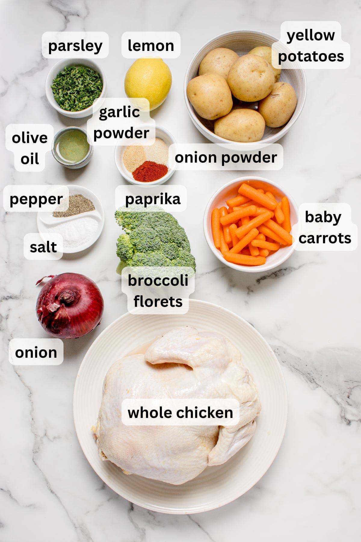 Ingredients to make this spatchcock chicken in bowls on a table.