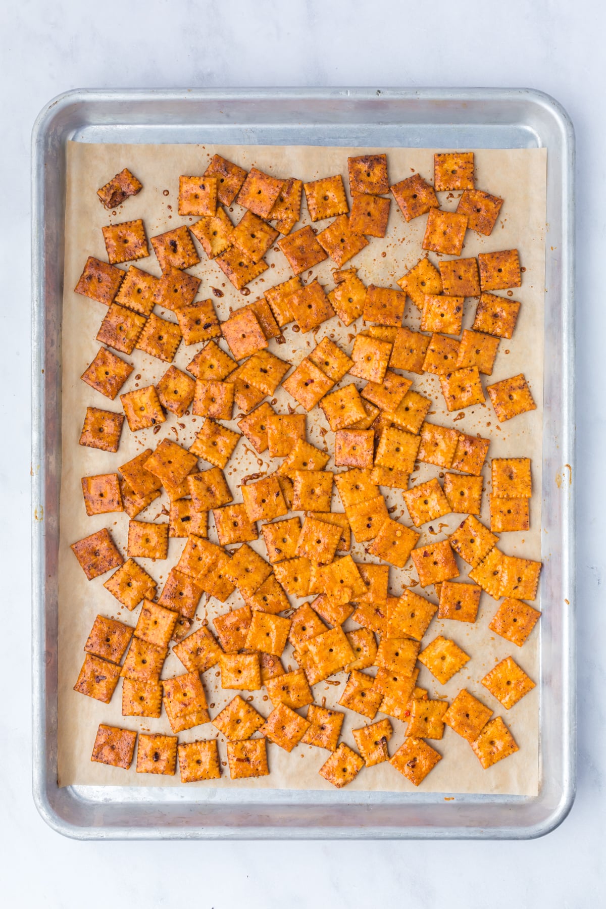 baked Cheez-its on baking sheet