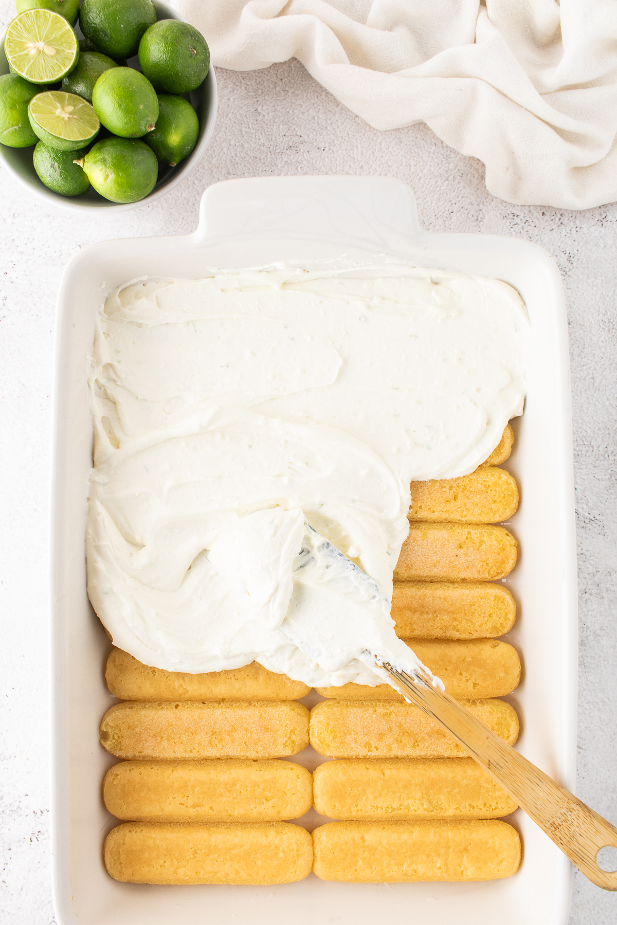 The mascarpone filling put on top of the ladyfingers.