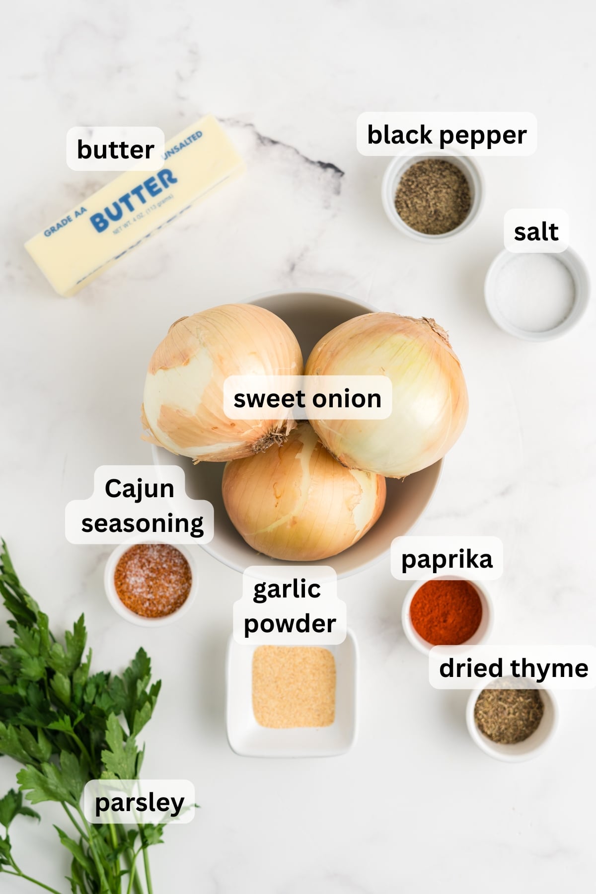 all of the ingredients needed to make an Onion Boil recipe in bowls on a table