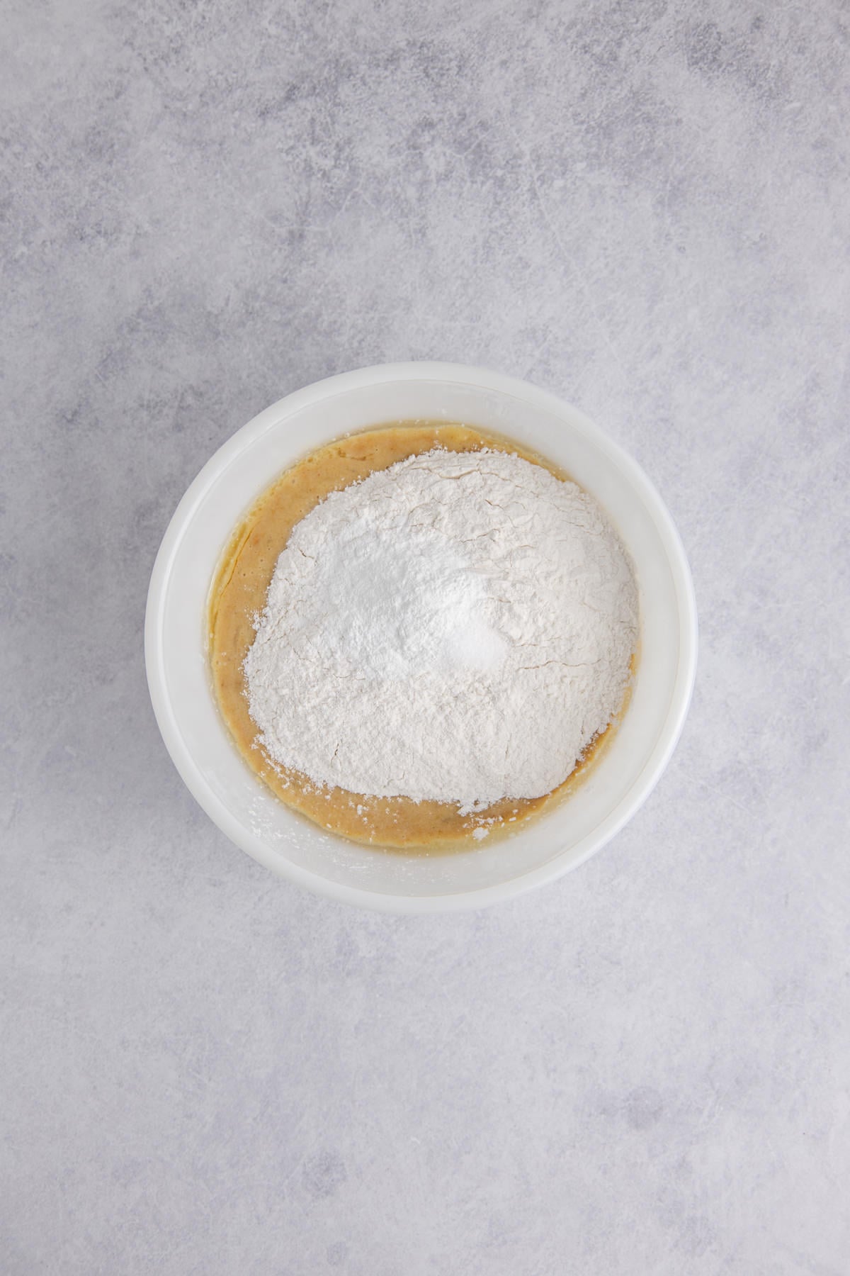 Dry ingredients added to the banana peanut butter muffin batter. 