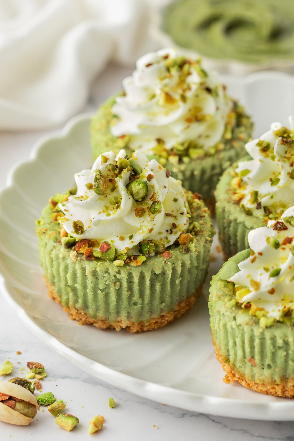 A plate filled with pistachio cheesecakes.