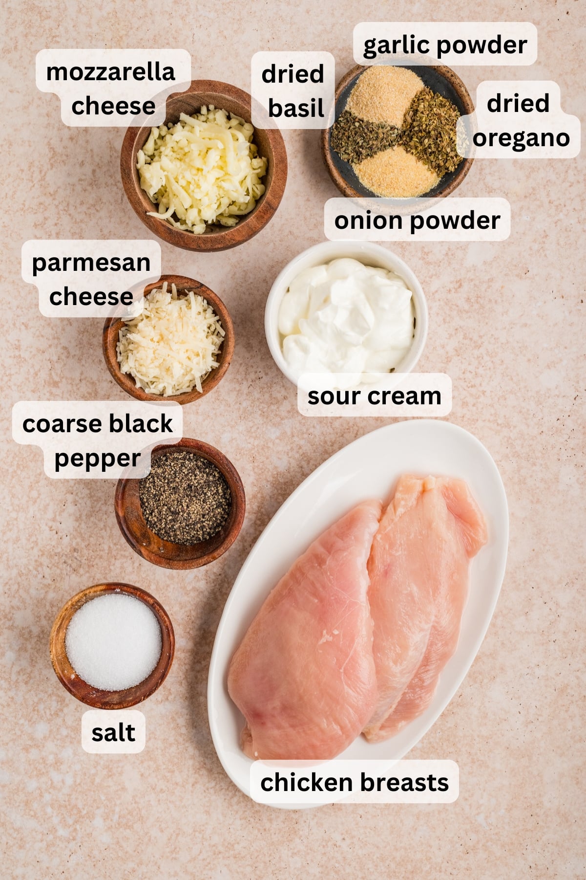 All of the ingredients needed to make sour cream chicken in bowls on a table