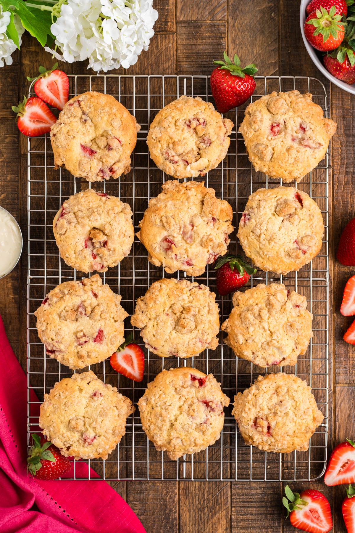 The cooked muffins placed on a wire rack.
