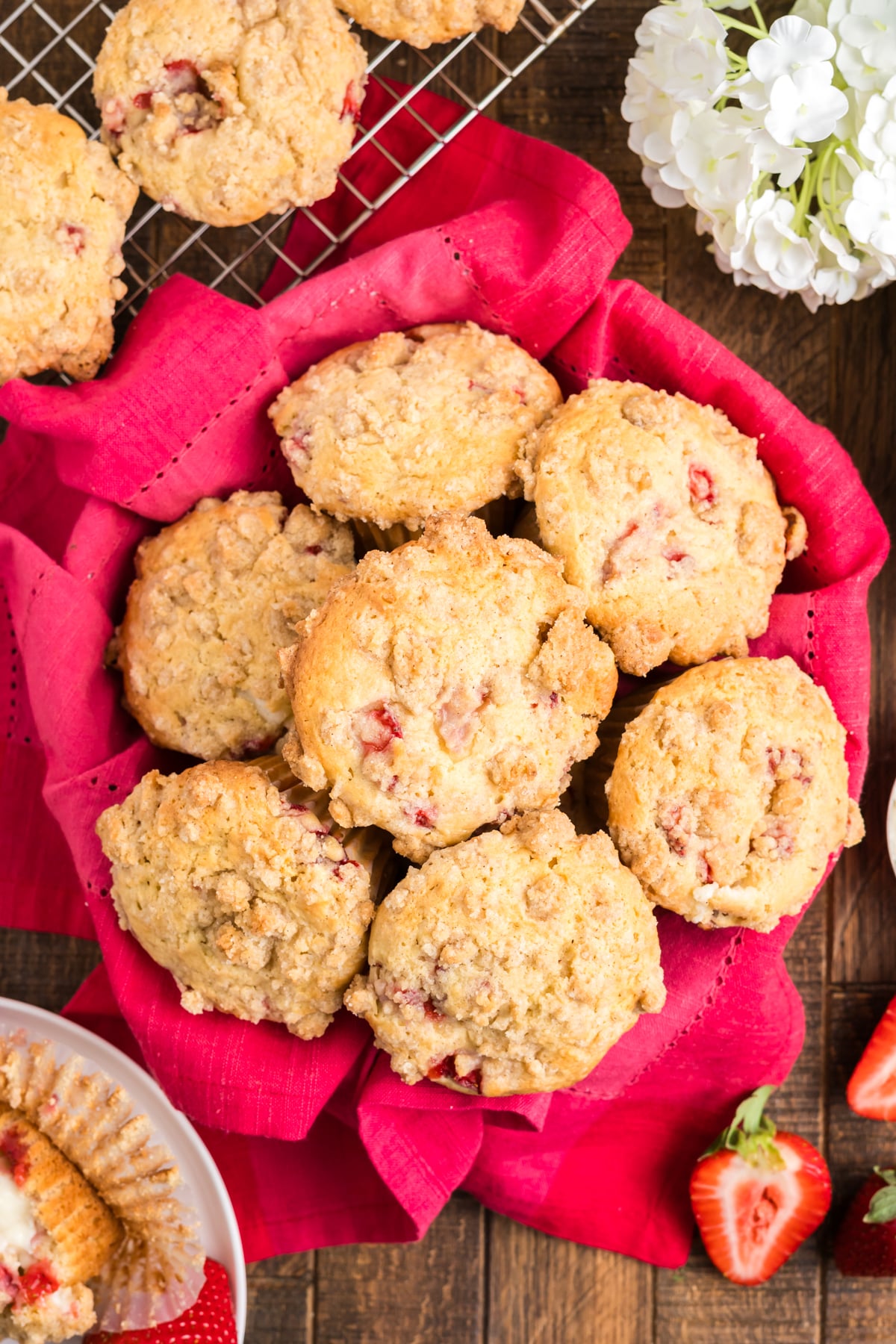 Strawberry muffins in a basket.