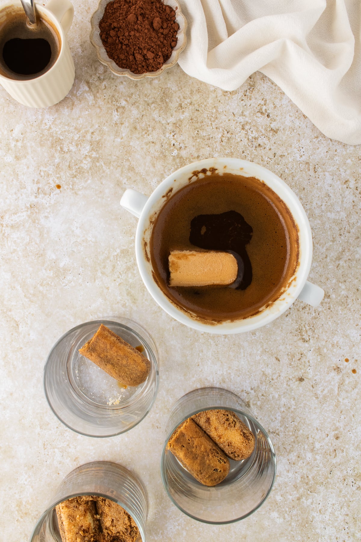 The ladyfingers dipped into the espresso.