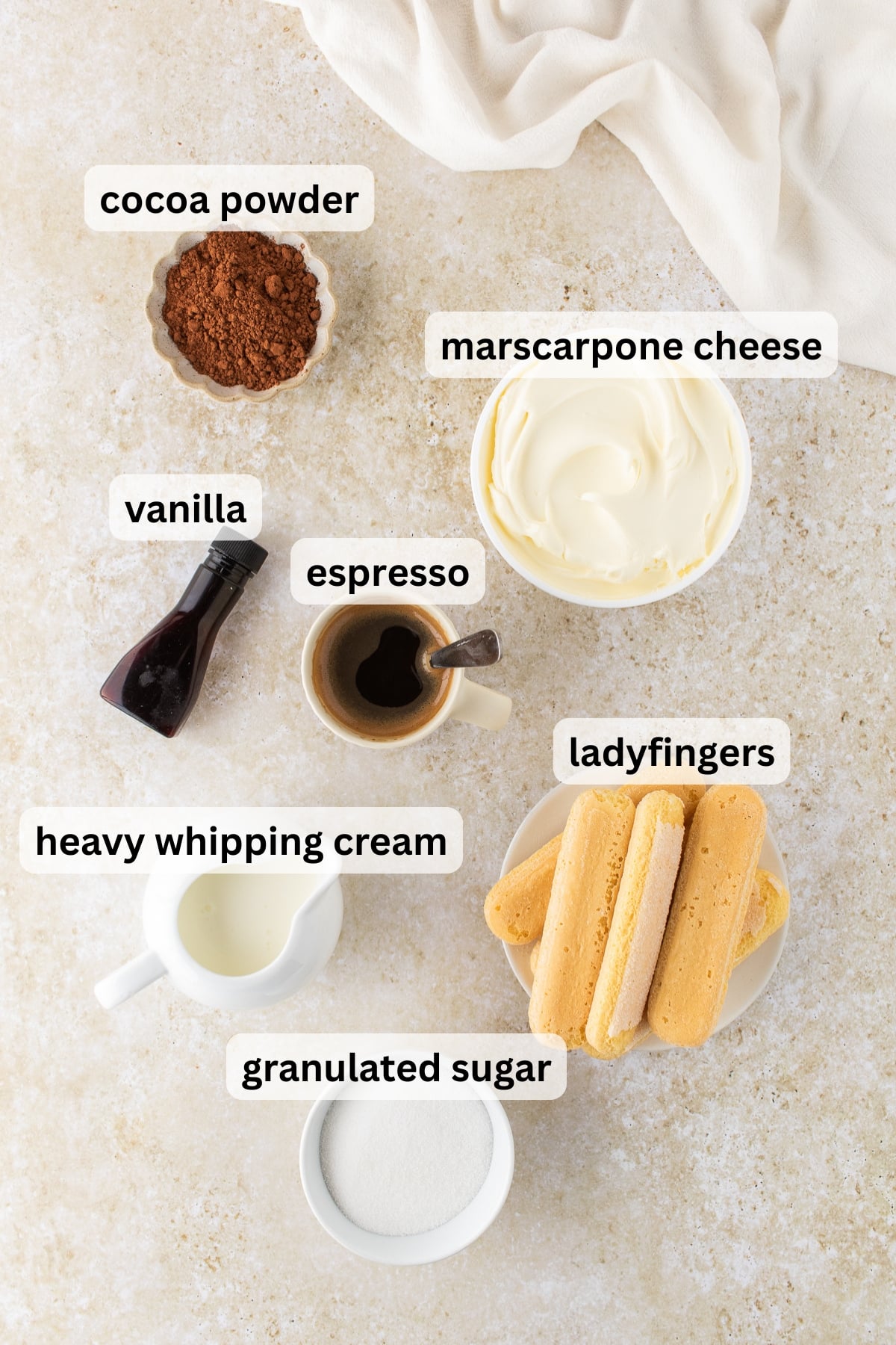Ingredients to make these tiramisu cups on a table.