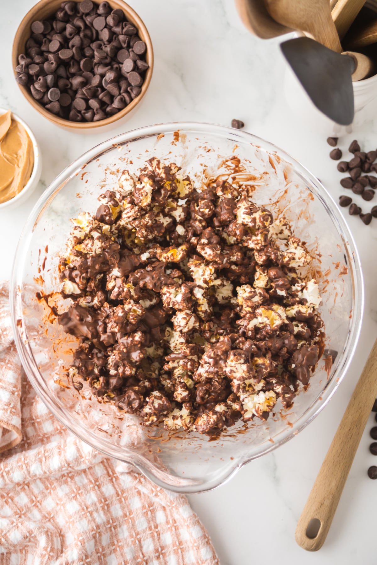 Popcorn is evenly coated in chocolate mixture.