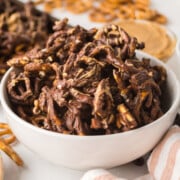 Chocolate Peanut Butter Pretzels piled high in a bowl on a table